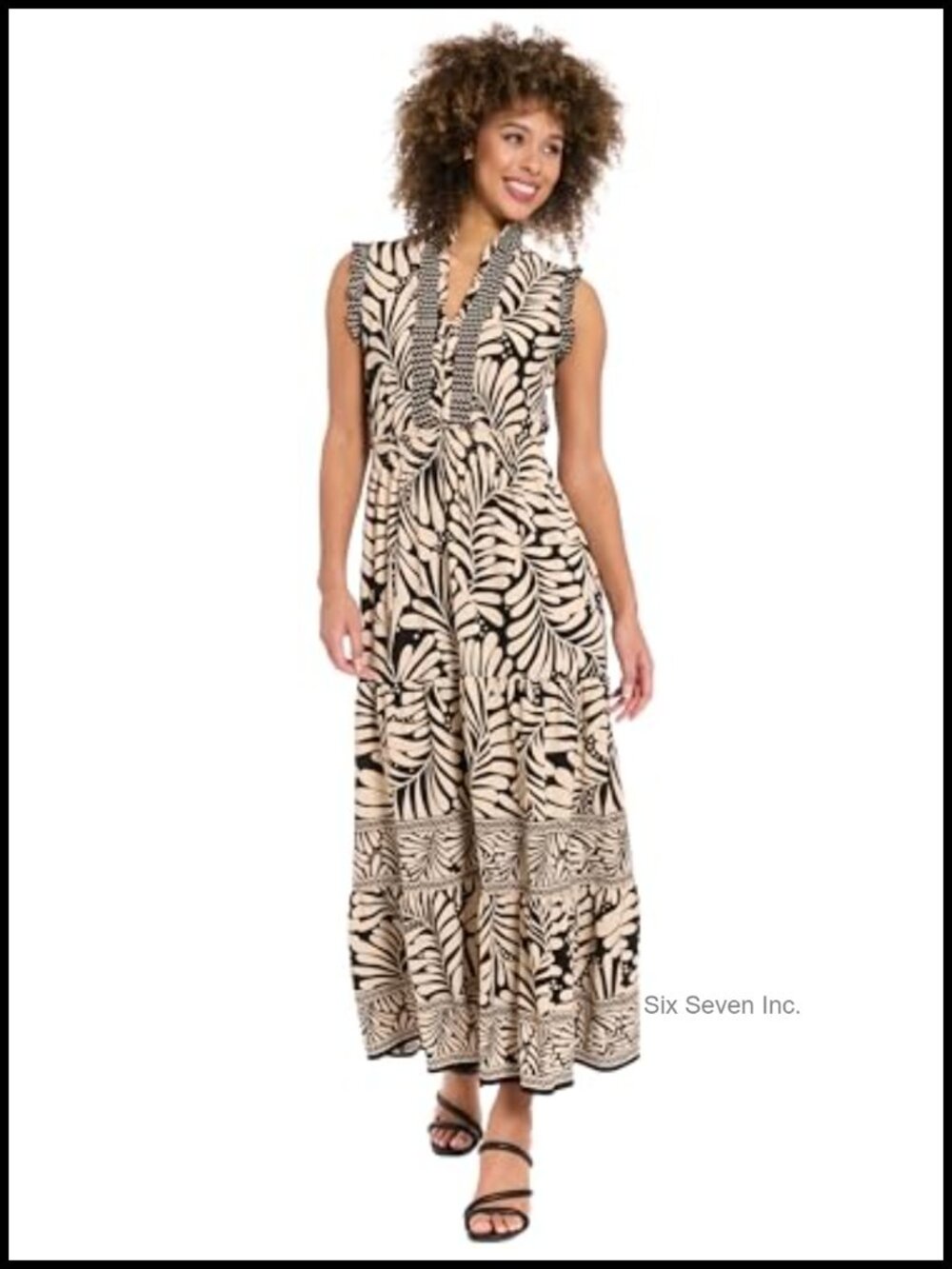 Boho Leaf Print V-Neck Sleeveless Tiered Maxi Dress for Wedding Guest